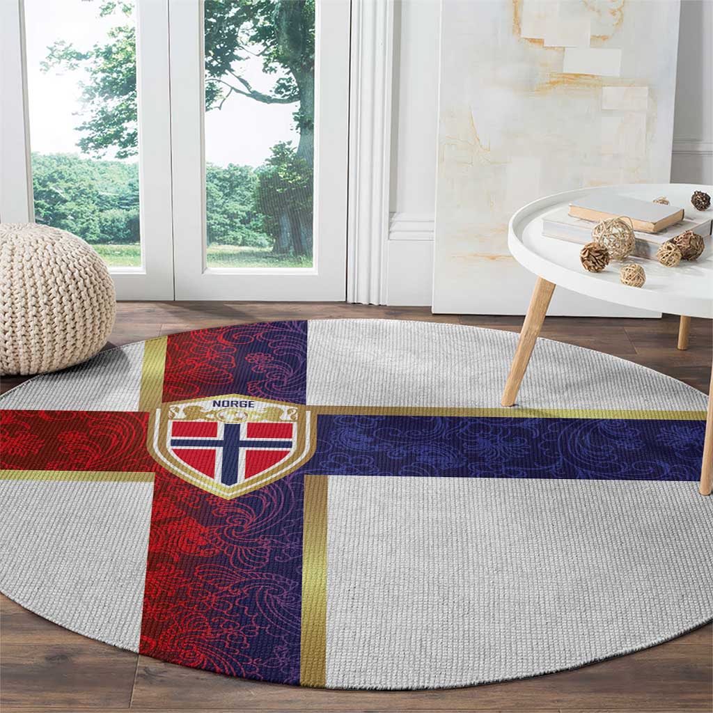Norway Football Round Carpet Norwegian Flag Style with Rosemaling Pattern - Wonder Print Shop
