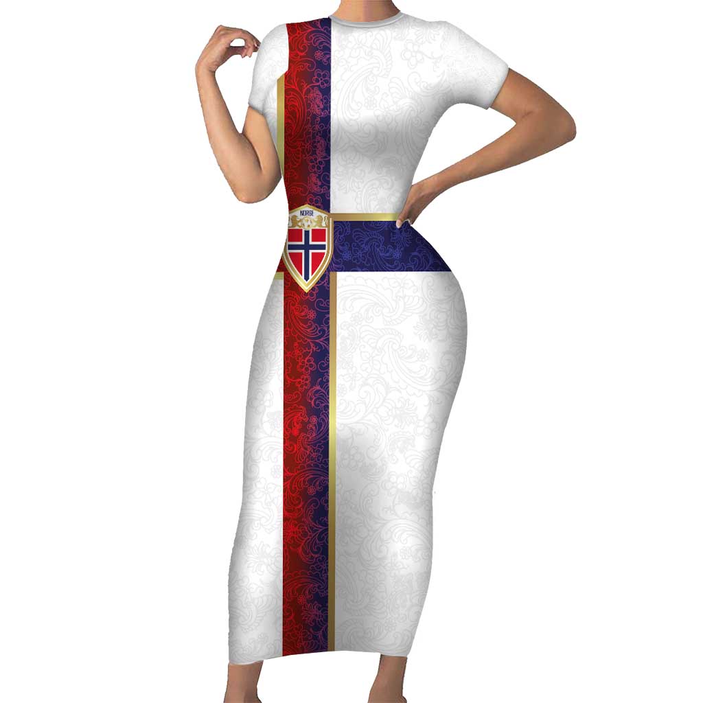 Custom Norway Football Short Sleeve Bodycon Dress Norwegian Flag Style with Rosemaling Pattern - Wonder Print Shop