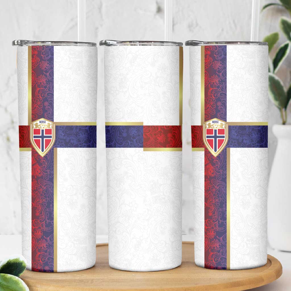 Norway Football Skinny Tumbler Norwegian Flag Style with Rosemaling Pattern - Wonder Print Shop