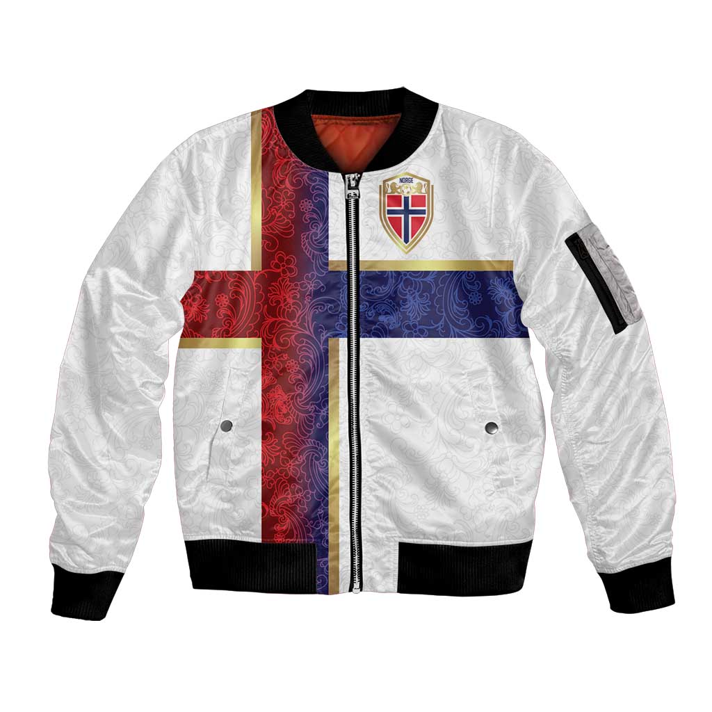 Custom Norway Football Sleeve Zip Bomber Jacket Norwegian Flag Style with Rosemaling Pattern - Wonder Print Shop
