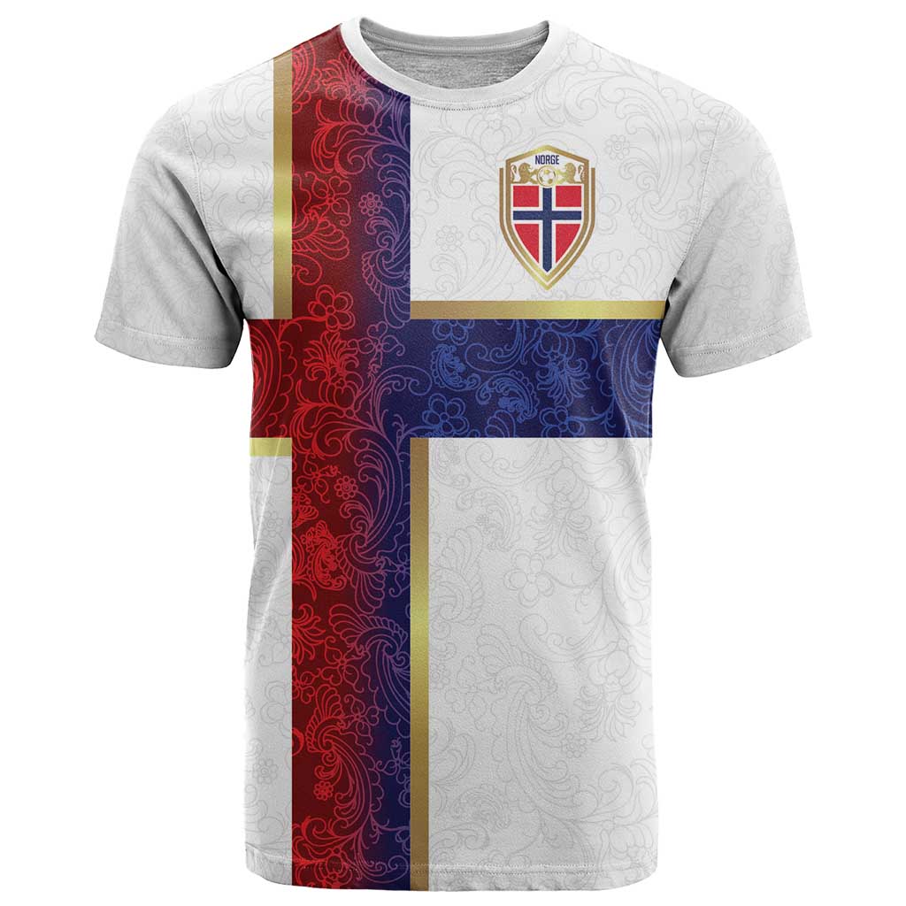 Custom Norway Football T Shirt Norwegian Flag Style with Rosemaling Pattern - Wonder Print Shop