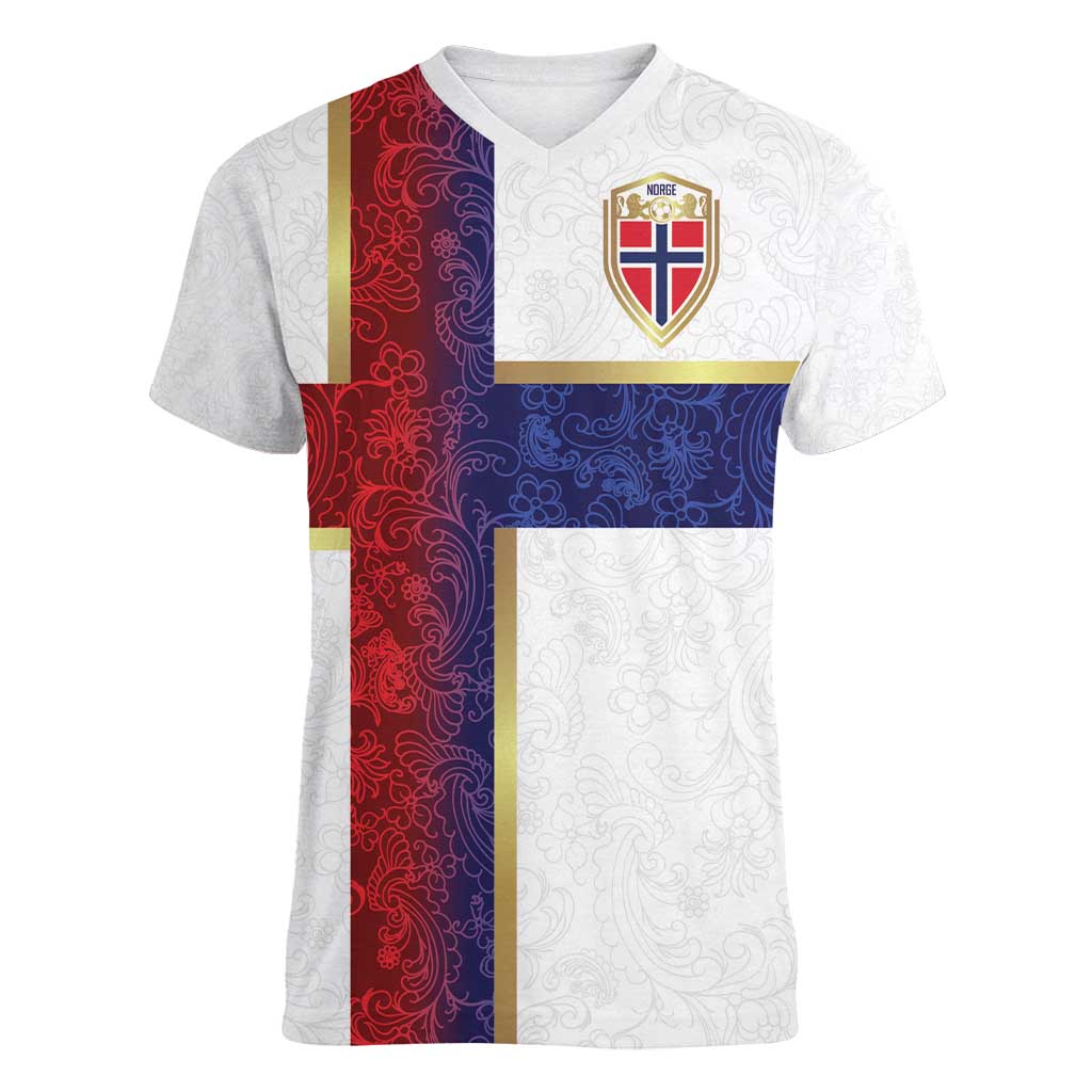Custom Norway Football Women V-Neck T-Shirt Norwegian Flag Style with Rosemaling Pattern - Wonder Print Shop