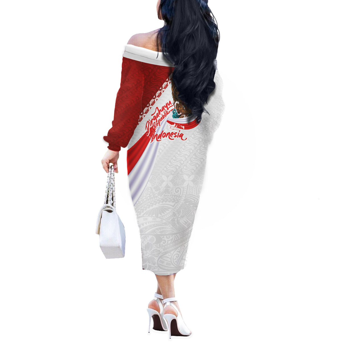 Indonesia Independence Day Off The Shoulder Long Sleeve Dress Dirgahayu-Long Live Indonesia