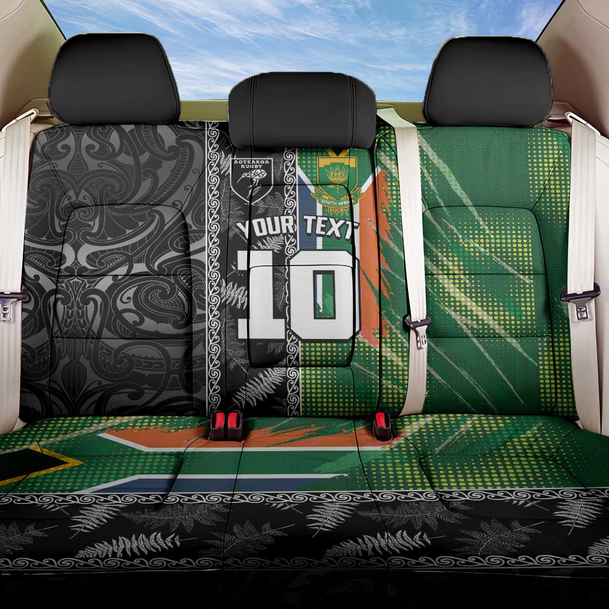 Custom Aotearoa South Africa Rugby Freedom Cup Back Car Seat Cover Maori Silver Fern Art and Sporty Flag SA - Wonder Print Shop
