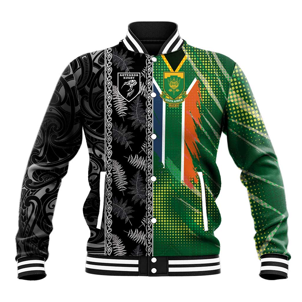 Custom Aotearoa South Africa Rugby Freedom Cup Baseball Jacket Maori Silver Fern Art and Sporty Flag SA - Wonder Print Shop