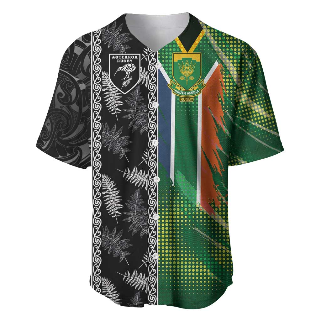 Custom Aotearoa South Africa Rugby Freedom Cup Baseball Jersey Maori Silver Fern Art and Sporty Flag SA - Wonder Print Shop