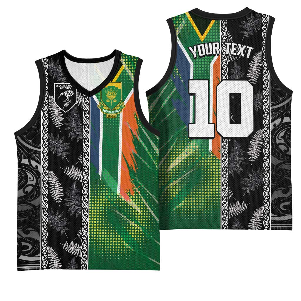 Custom Aotearoa South Africa Rugby Freedom Cup Basketball Jersey Maori Silver Fern Art and Sporty Flag SA - Wonder Print Shop