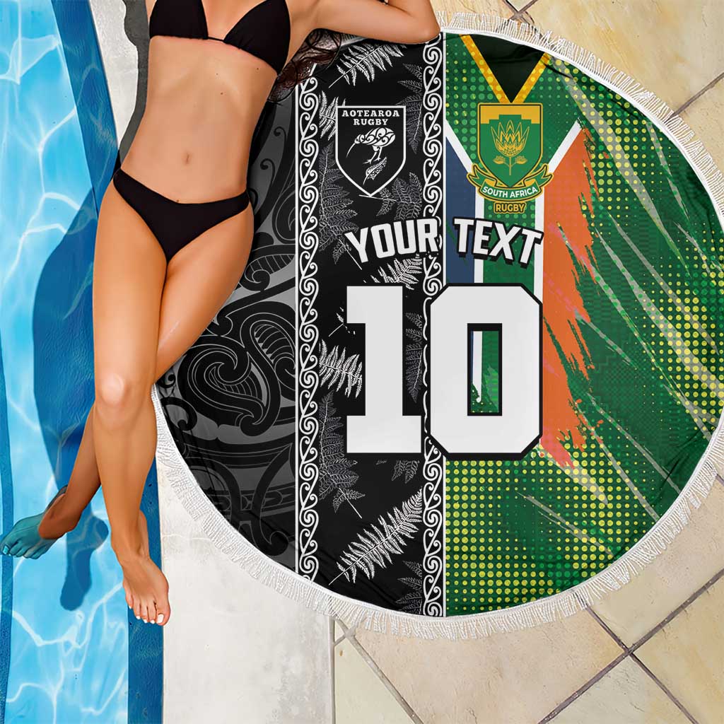Custom Aotearoa South Africa Rugby Freedom Cup Beach Blanket Maori Silver Fern Art and Sporty Flag SA - Wonder Print Shop