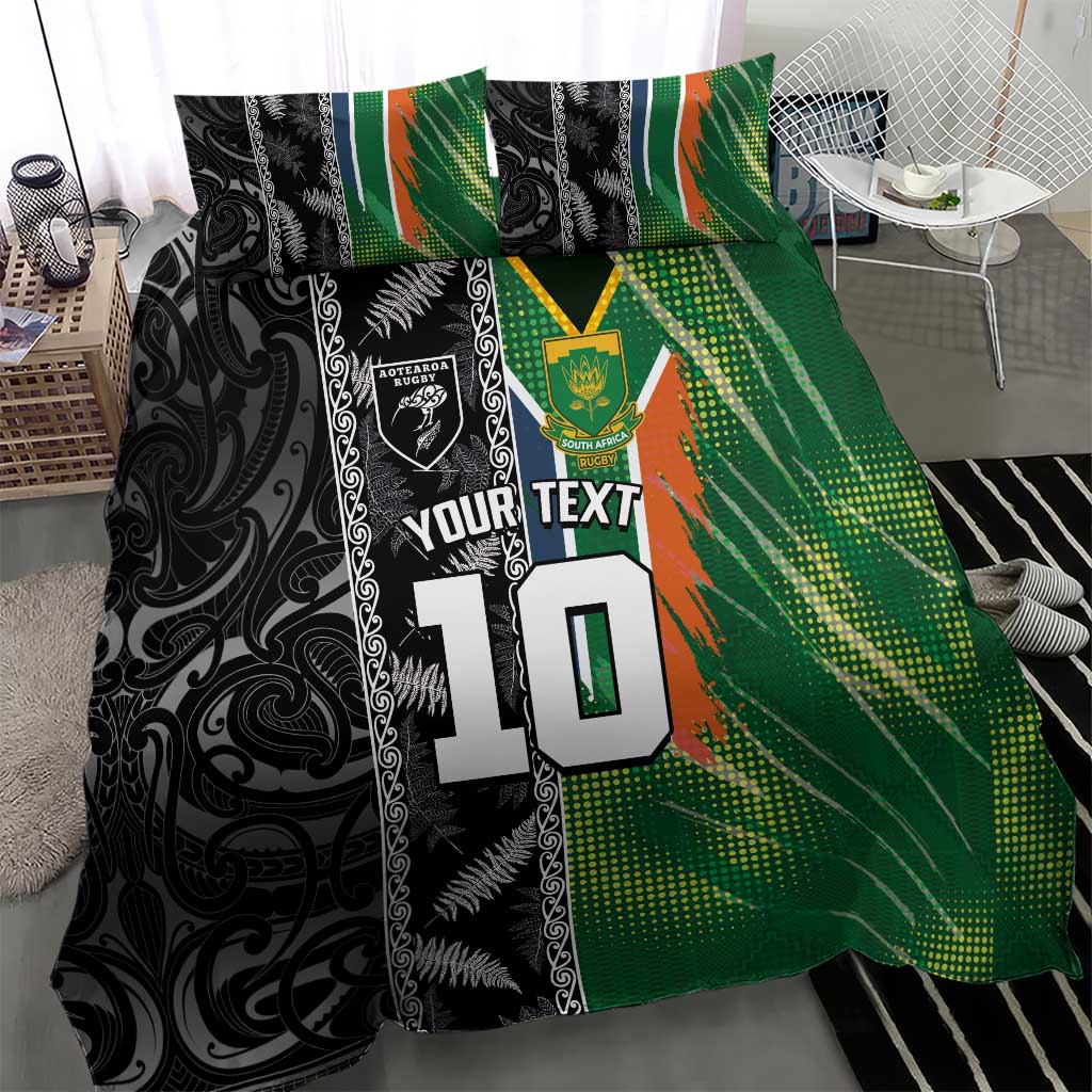 Custom Aotearoa South Africa Rugby Freedom Cup Bedding Set Maori Silver Fern Art and Sporty Flag SA - Wonder Print Shop