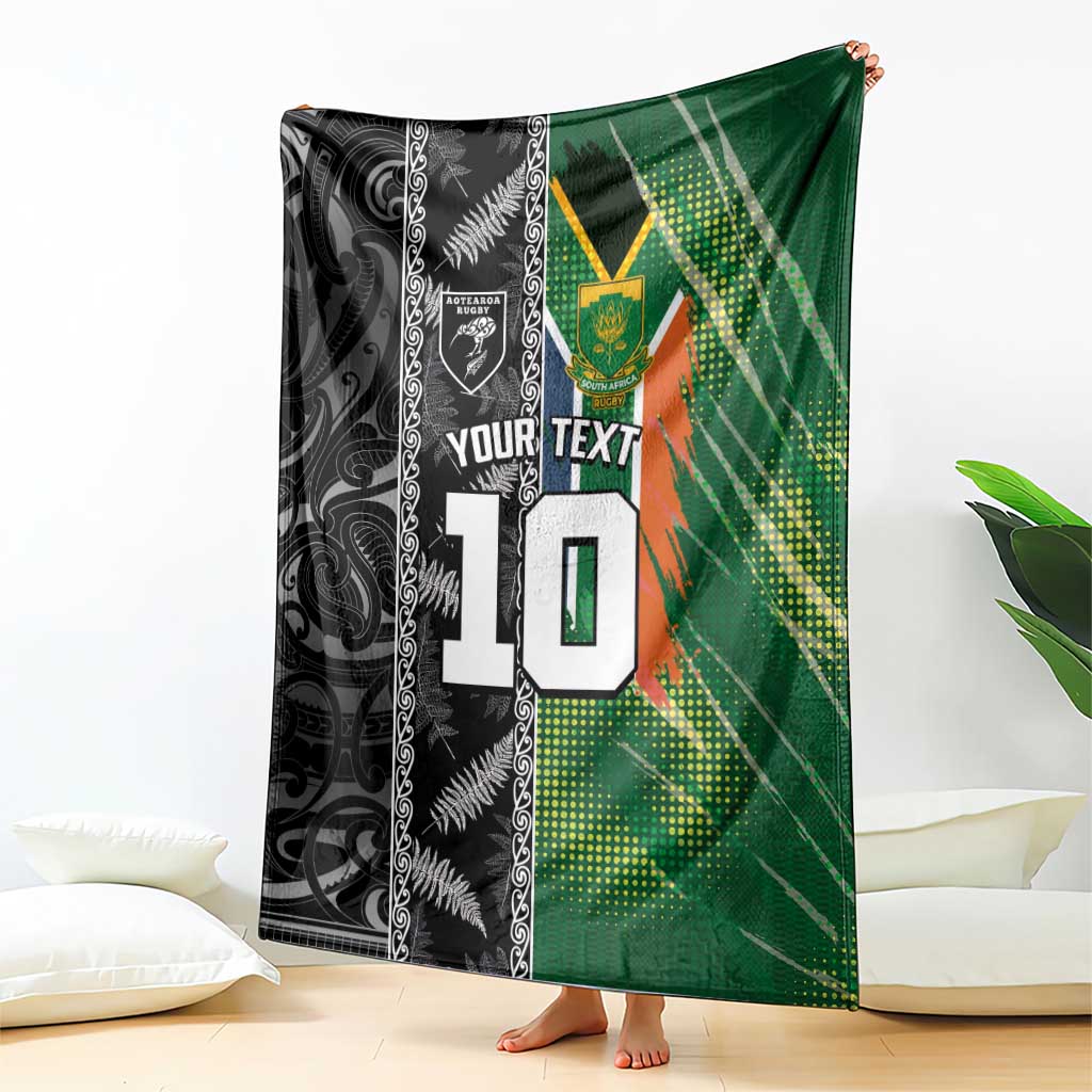 Custom Aotearoa South Africa Rugby Freedom Cup Blanket Maori Silver Fern Art and Sporty Flag SA - Wonder Print Shop