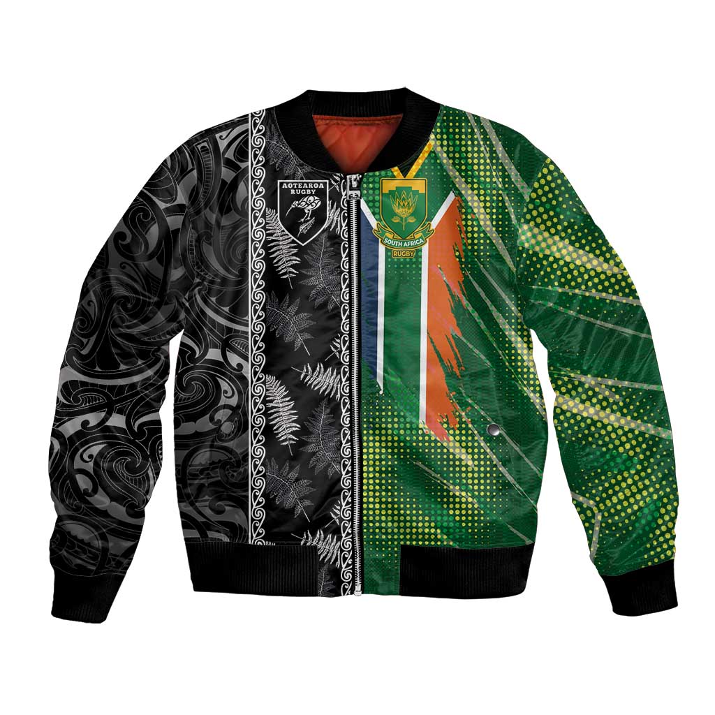 Custom Aotearoa South Africa Rugby Freedom Cup Bomber Jacket Maori Silver Fern Art and Sporty Flag SA - Wonder Print Shop