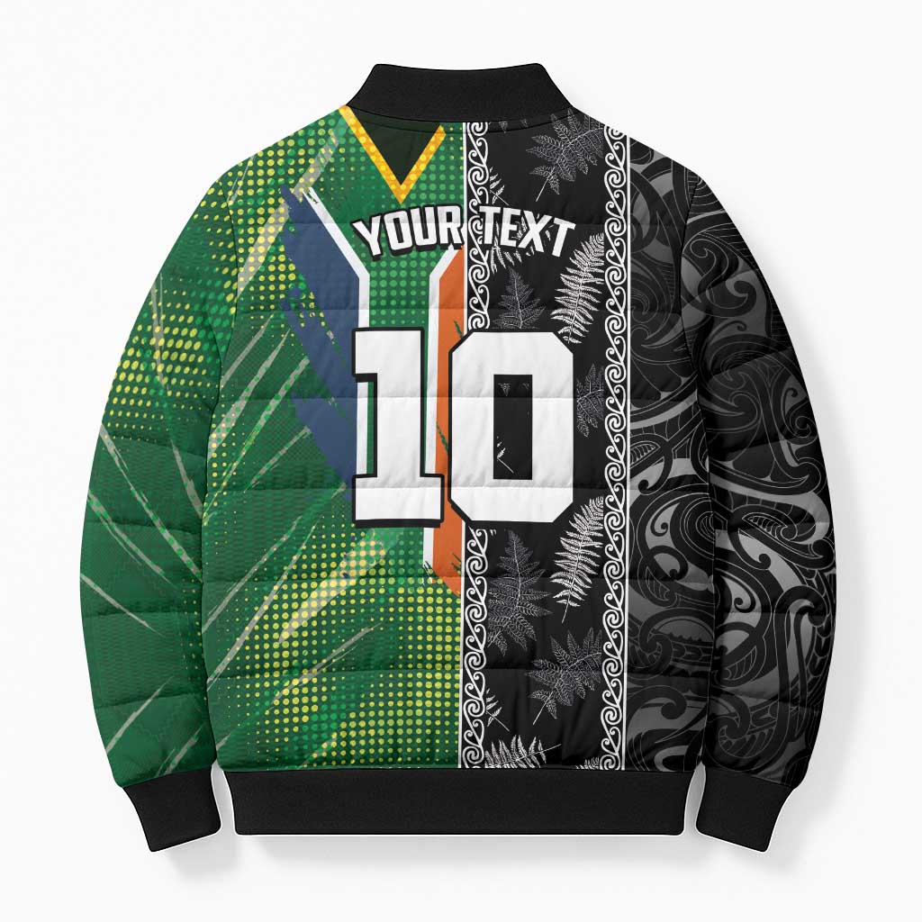 Custom Aotearoa South Africa Rugby Freedom Cup Bomber Puffer Jacket Maori Silver Fern Art and Sporty Flag SA - Wonder Print Shop