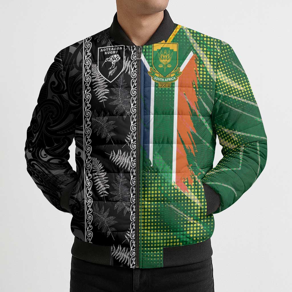Custom Aotearoa South Africa Rugby Freedom Cup Bomber Puffer Jacket Maori Silver Fern Art and Sporty Flag SA - Wonder Print Shop