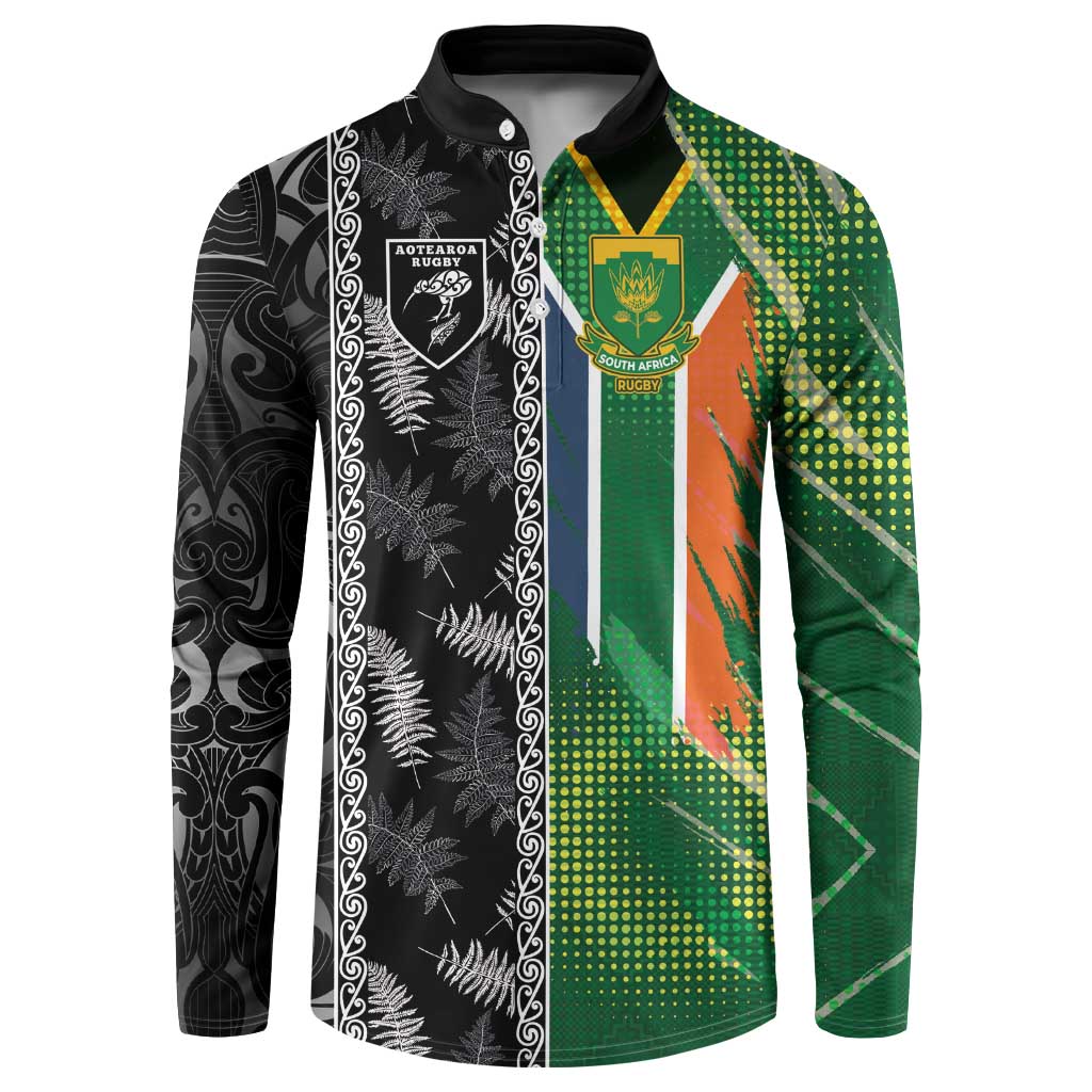 Custom Aotearoa South Africa Rugby Freedom Cup Button Sweatshirt Maori Silver Fern Art and Sporty Flag SA - Wonder Print Shop