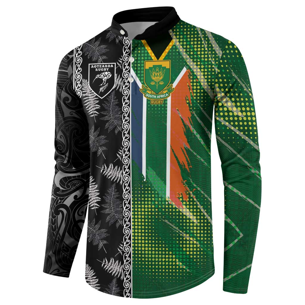 Custom Aotearoa South Africa Rugby Freedom Cup Button Sweatshirt Maori Silver Fern Art and Sporty Flag SA - Wonder Print Shop