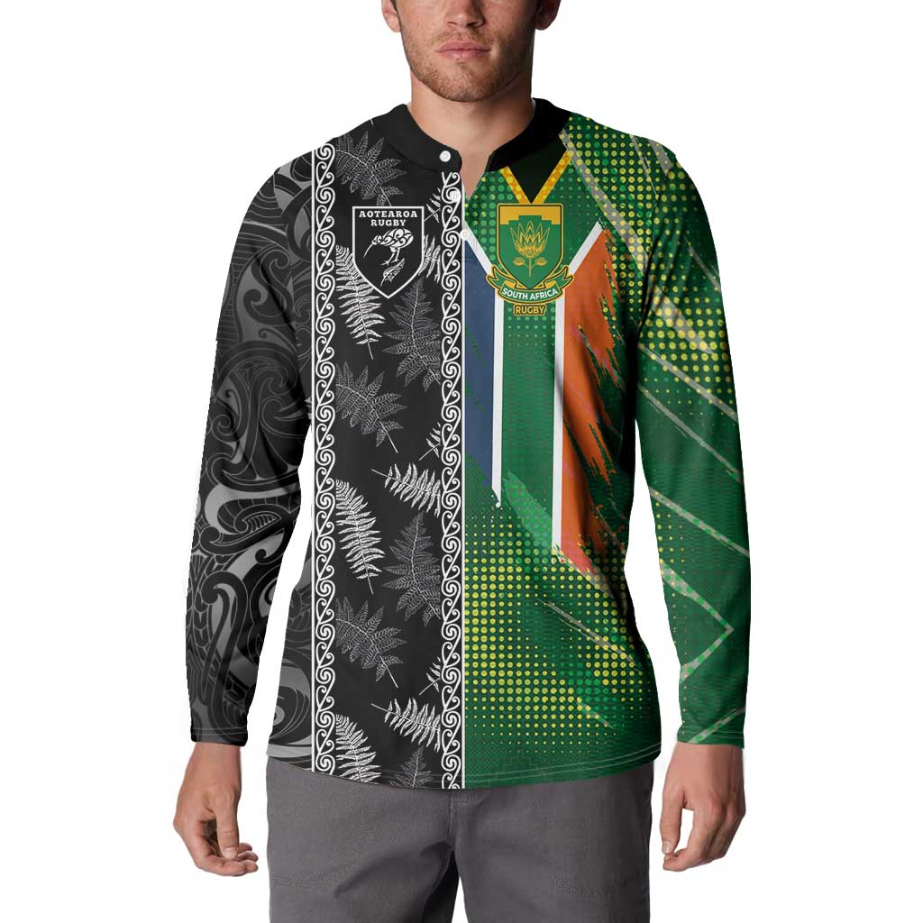 Custom Aotearoa South Africa Rugby Freedom Cup Button Sweatshirt Maori Silver Fern Art and Sporty Flag SA - Wonder Print Shop
