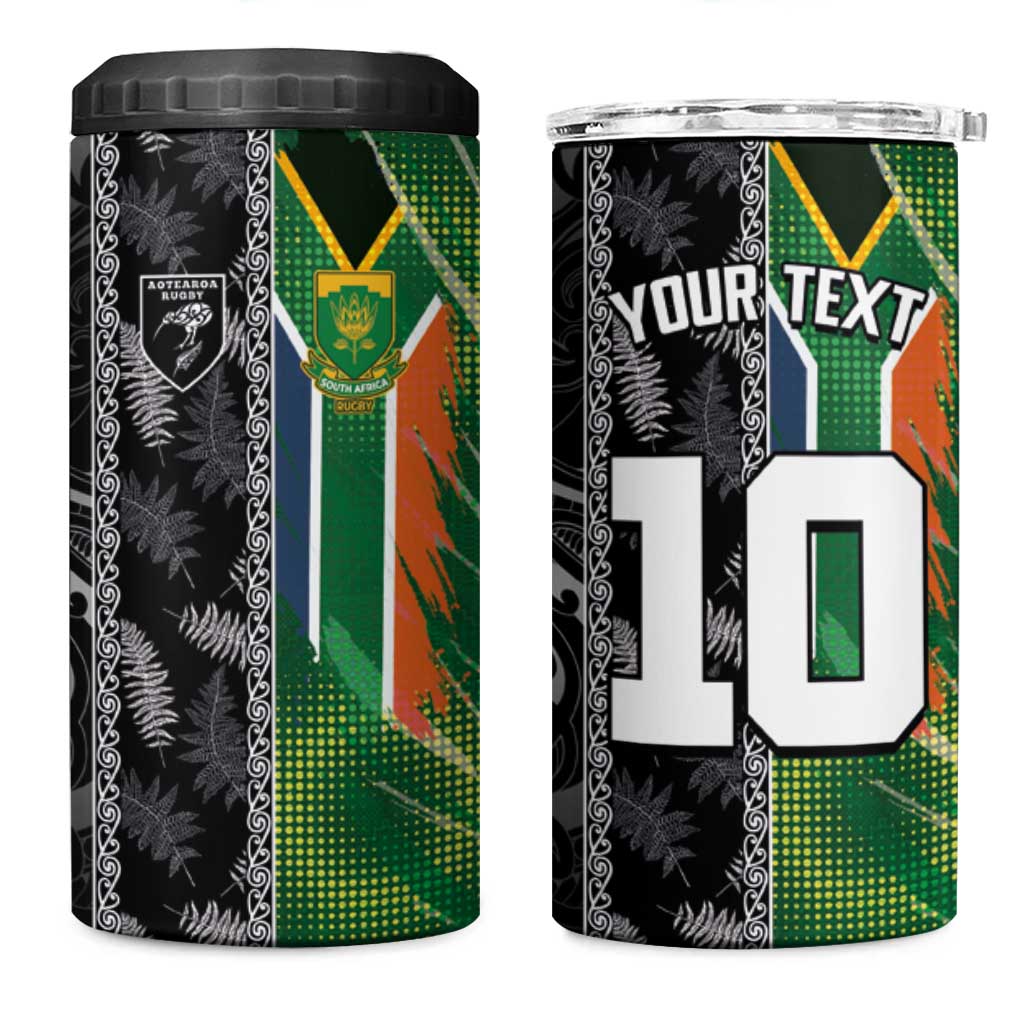 Custom Aotearoa South Africa Rugby Freedom Cup 4 in 1 Can Cooler Tumbler Maori Silver Fern Art and Sporty Flag SA - Wonder Print Shop