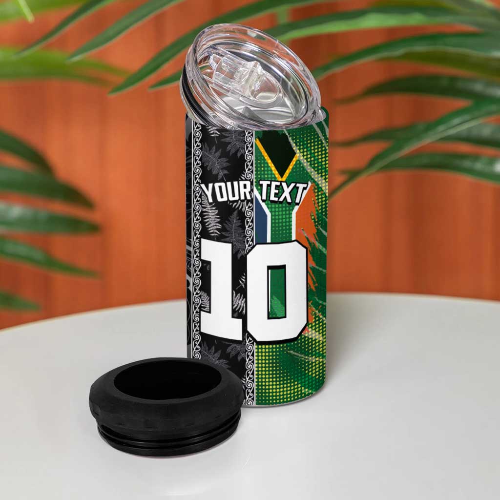 Custom Aotearoa South Africa Rugby Freedom Cup 4 in 1 Can Cooler Tumbler Maori Silver Fern Art and Sporty Flag SA - Wonder Print Shop