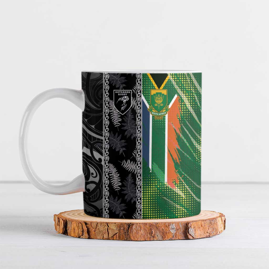 Custom Aotearoa South Africa Rugby Freedom Cup Ceramic Mug Maori Silver Fern Art and Sporty Flag SA - Wonder Print Shop