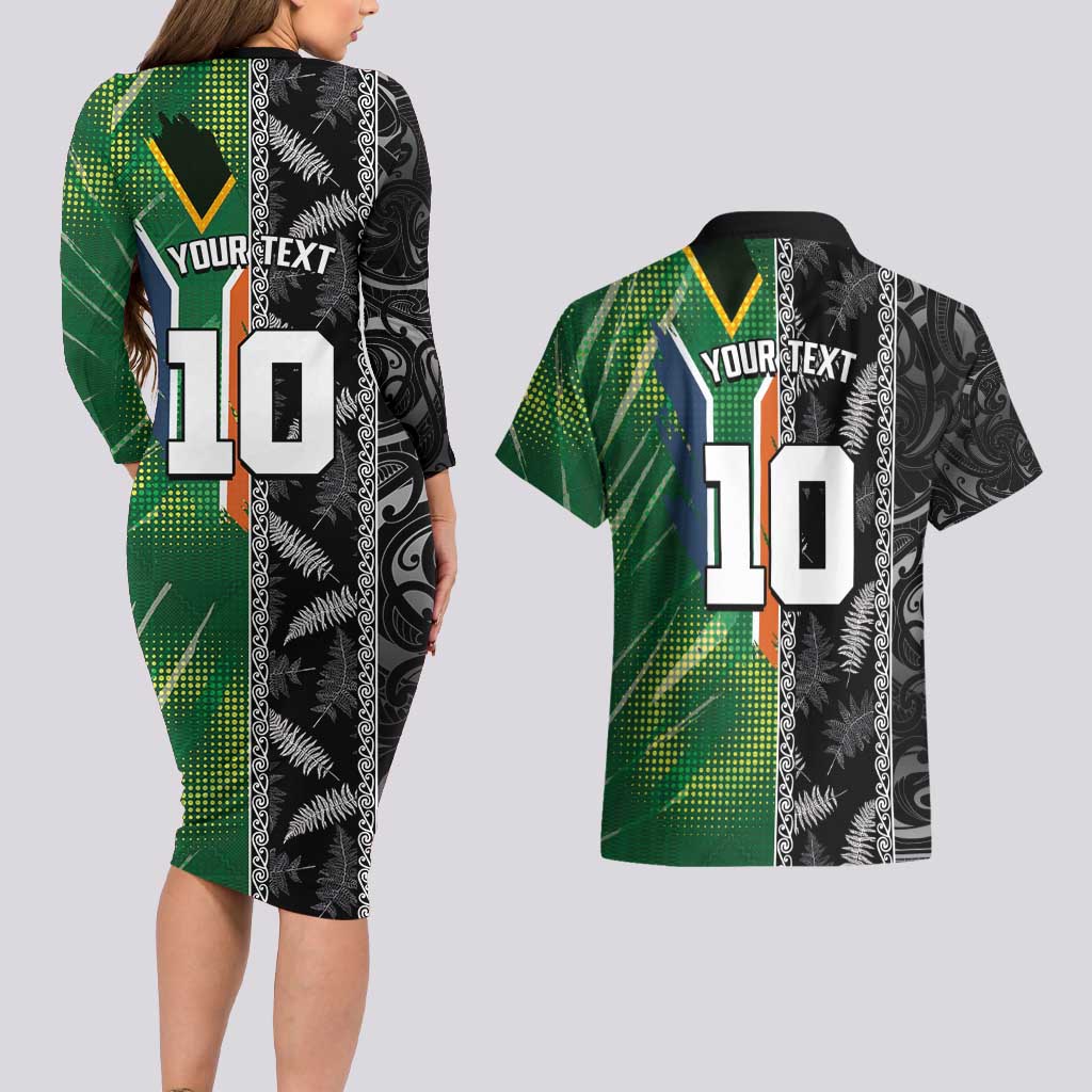 Custom Aotearoa South Africa Rugby Freedom Cup Couples Matching Long Sleeve Bodycon Dress and Hawaiian Shirt Maori Silver Fern Art and Sporty Flag SA - Wonder Print Shop