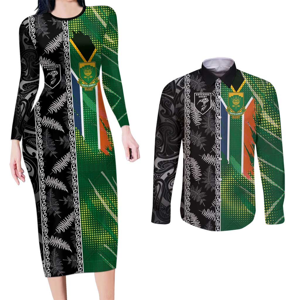 Custom Aotearoa South Africa Rugby Freedom Cup Couples Matching Long Sleeve Bodycon Dress and Long Sleeve Button Shirt Maori Silver Fern Art and Sporty Flag SA - Wonder Print Shop