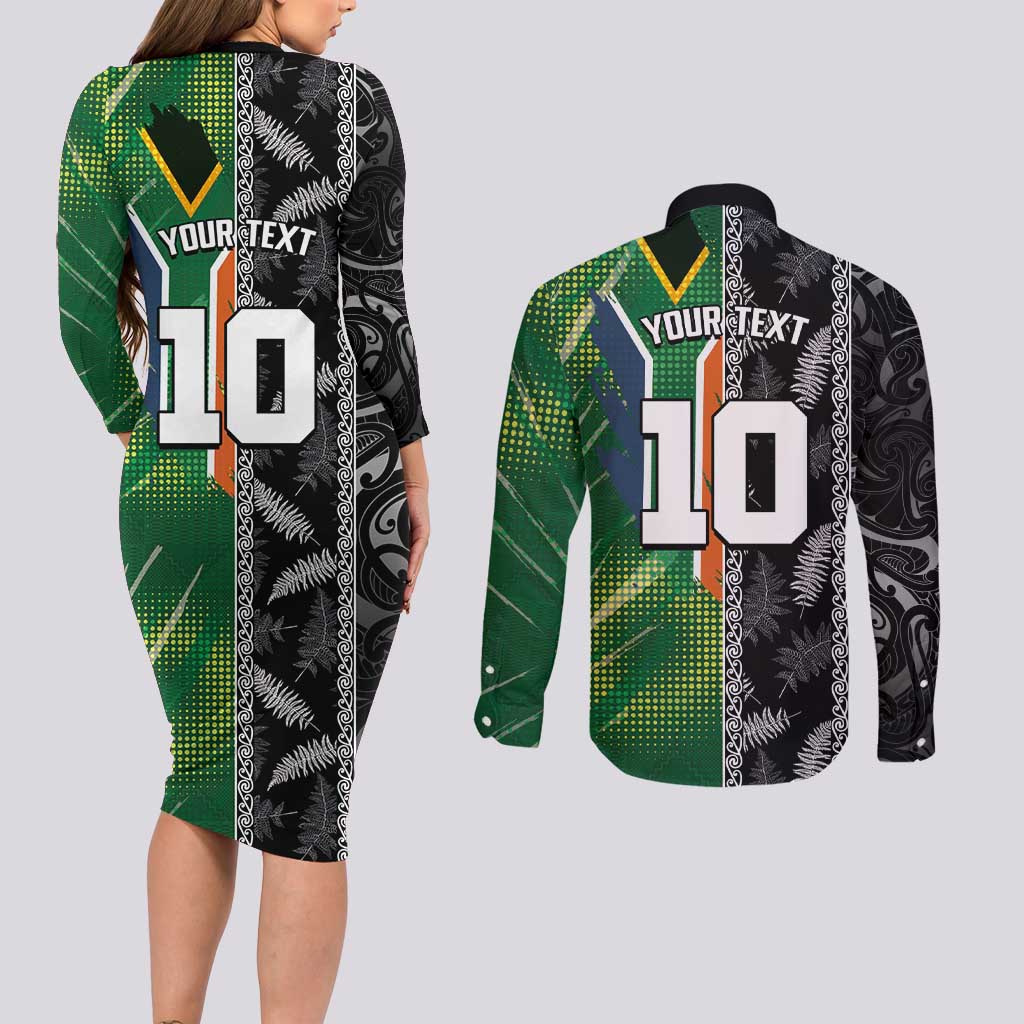 Custom Aotearoa South Africa Rugby Freedom Cup Couples Matching Long Sleeve Bodycon Dress and Long Sleeve Button Shirt Maori Silver Fern Art and Sporty Flag SA - Wonder Print Shop