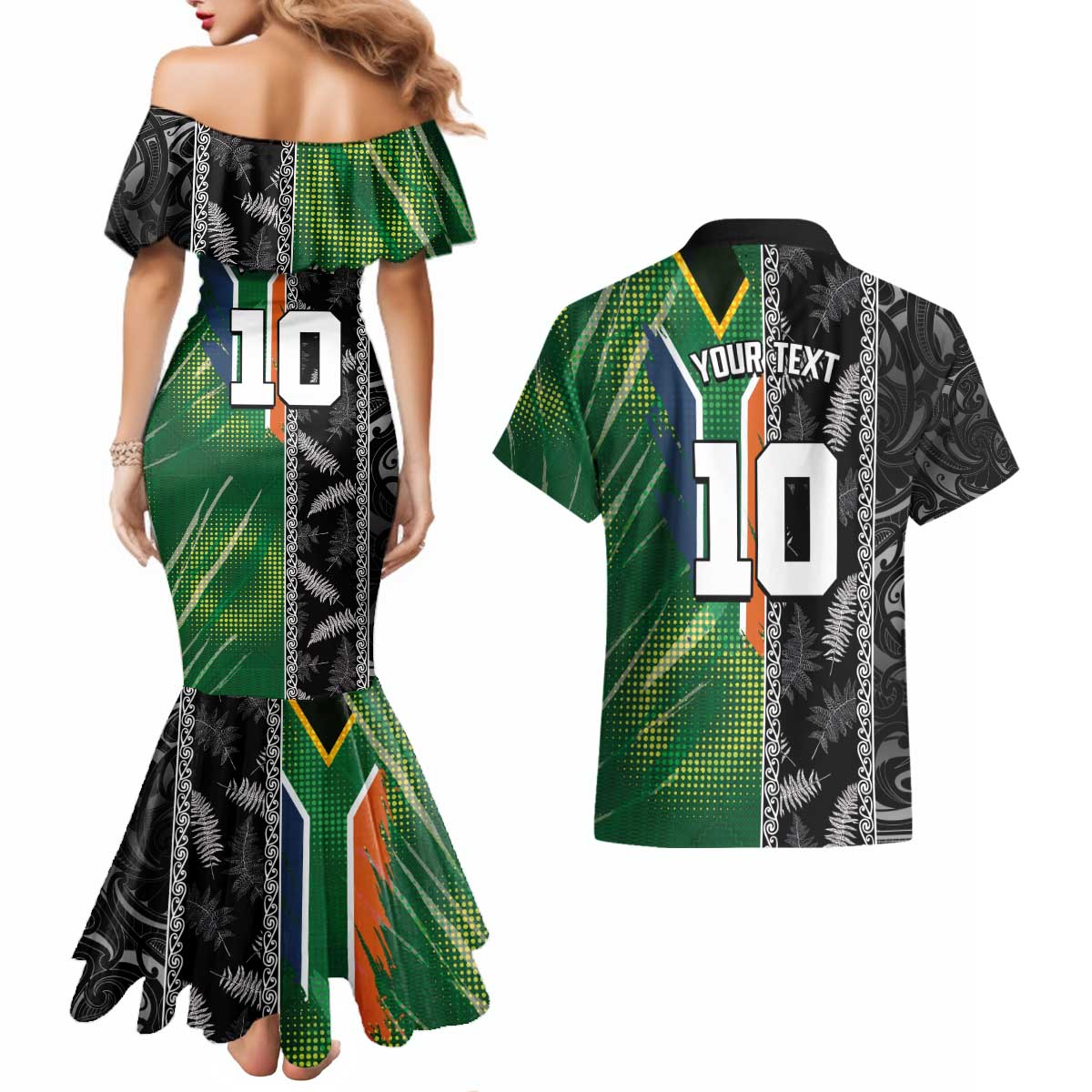 Custom Aotearoa South Africa Rugby Freedom Cup Couples Matching Mermaid Dress and Hawaiian Shirt Maori Silver Fern Art and Sporty Flag SA - Wonder Print Shop