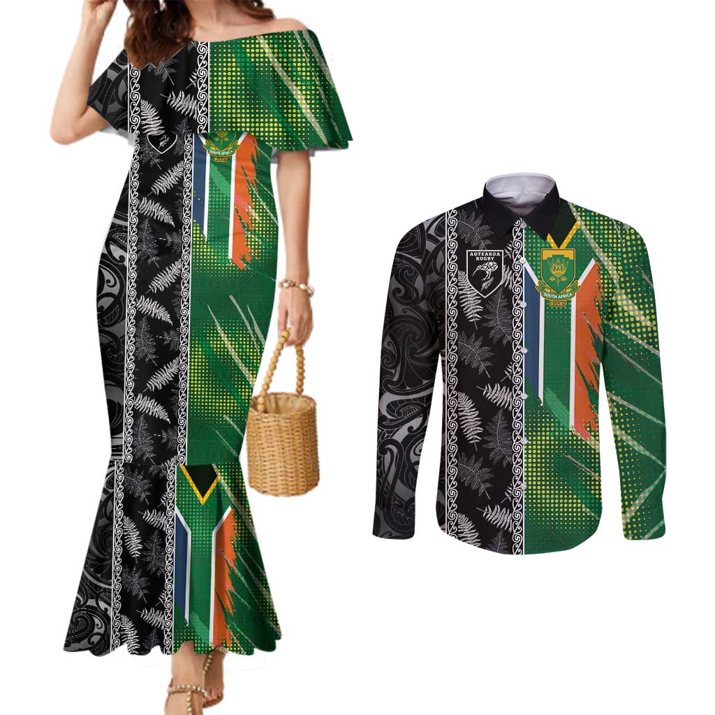 Custom Aotearoa South Africa Rugby Freedom Cup Couples Matching Mermaid Dress and Long Sleeve Button Shirt Maori Silver Fern Art and Sporty Flag SA - Wonder Print Shop
