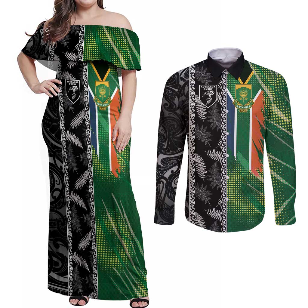 Custom Aotearoa South Africa Rugby Freedom Cup Couples Matching Off Shoulder Maxi Dress and Long Sleeve Button Shirt Maori Silver Fern Art and Sporty Flag SA - Wonder Print Shop