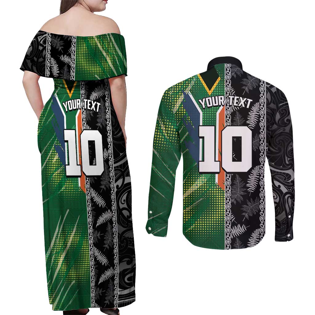 Custom Aotearoa South Africa Rugby Freedom Cup Couples Matching Off Shoulder Maxi Dress and Long Sleeve Button Shirt Maori Silver Fern Art and Sporty Flag SA - Wonder Print Shop