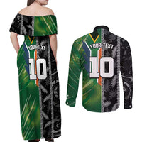 Custom Aotearoa South Africa Rugby Freedom Cup Couples Matching Off Shoulder Maxi Dress and Long Sleeve Button Shirt Maori Silver Fern Art and Sporty Flag SA - Wonder Print Shop