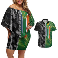 Custom Aotearoa South Africa Rugby Freedom Cup Couples Matching Off Shoulder Short Dress and Hawaiian Shirt Maori Silver Fern Art and Sporty Flag SA - Wonder Print Shop