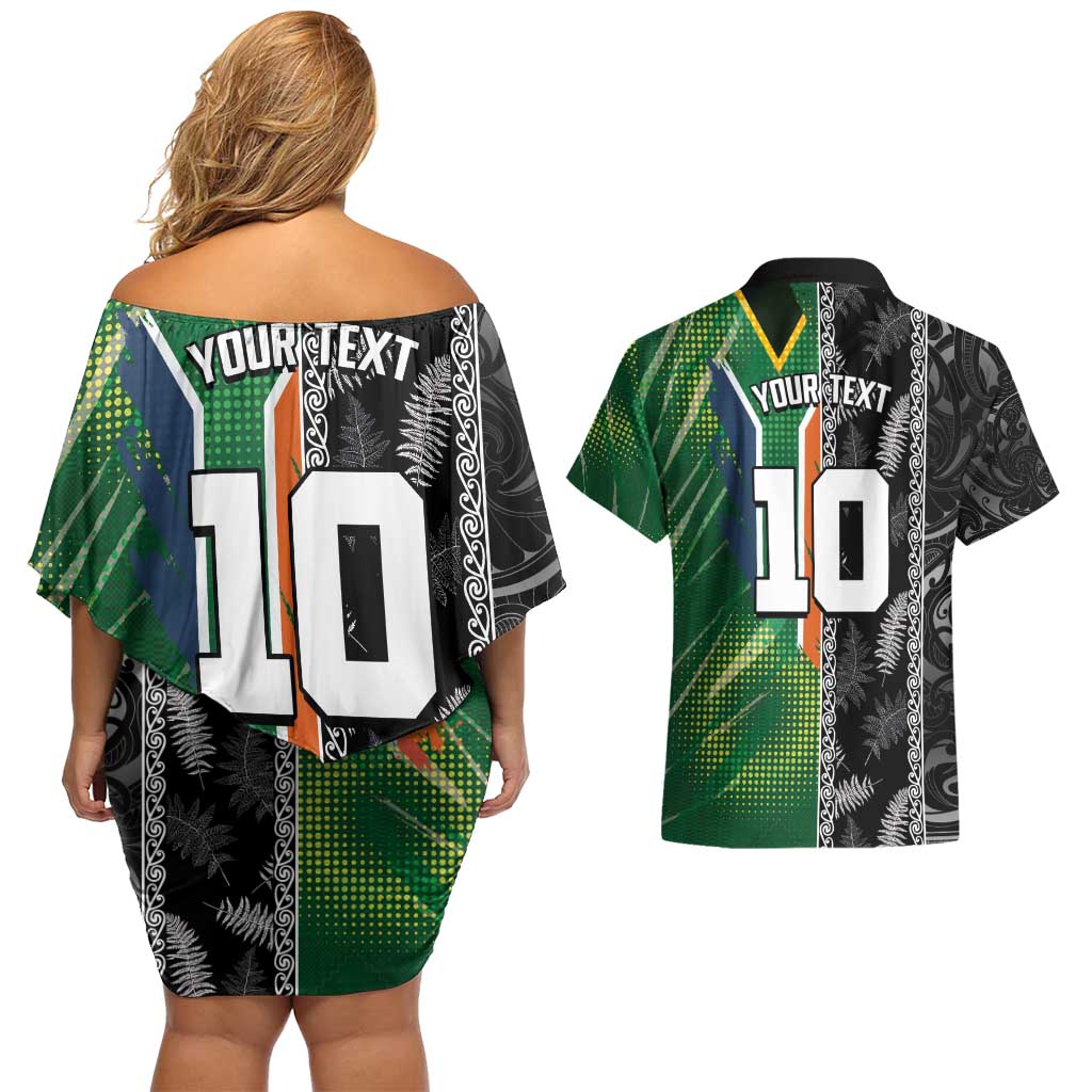 Custom Aotearoa South Africa Rugby Freedom Cup Couples Matching Off Shoulder Short Dress and Hawaiian Shirt Maori Silver Fern Art and Sporty Flag SA - Wonder Print Shop