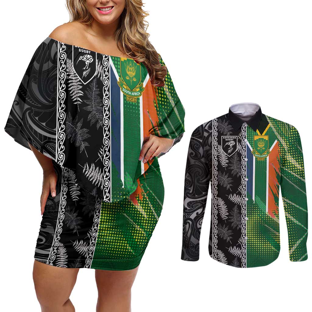 Custom Aotearoa South Africa Rugby Freedom Cup Couples Matching Off Shoulder Short Dress and Long Sleeve Button Shirt Maori Silver Fern Art and Sporty Flag SA - Wonder Print Shop