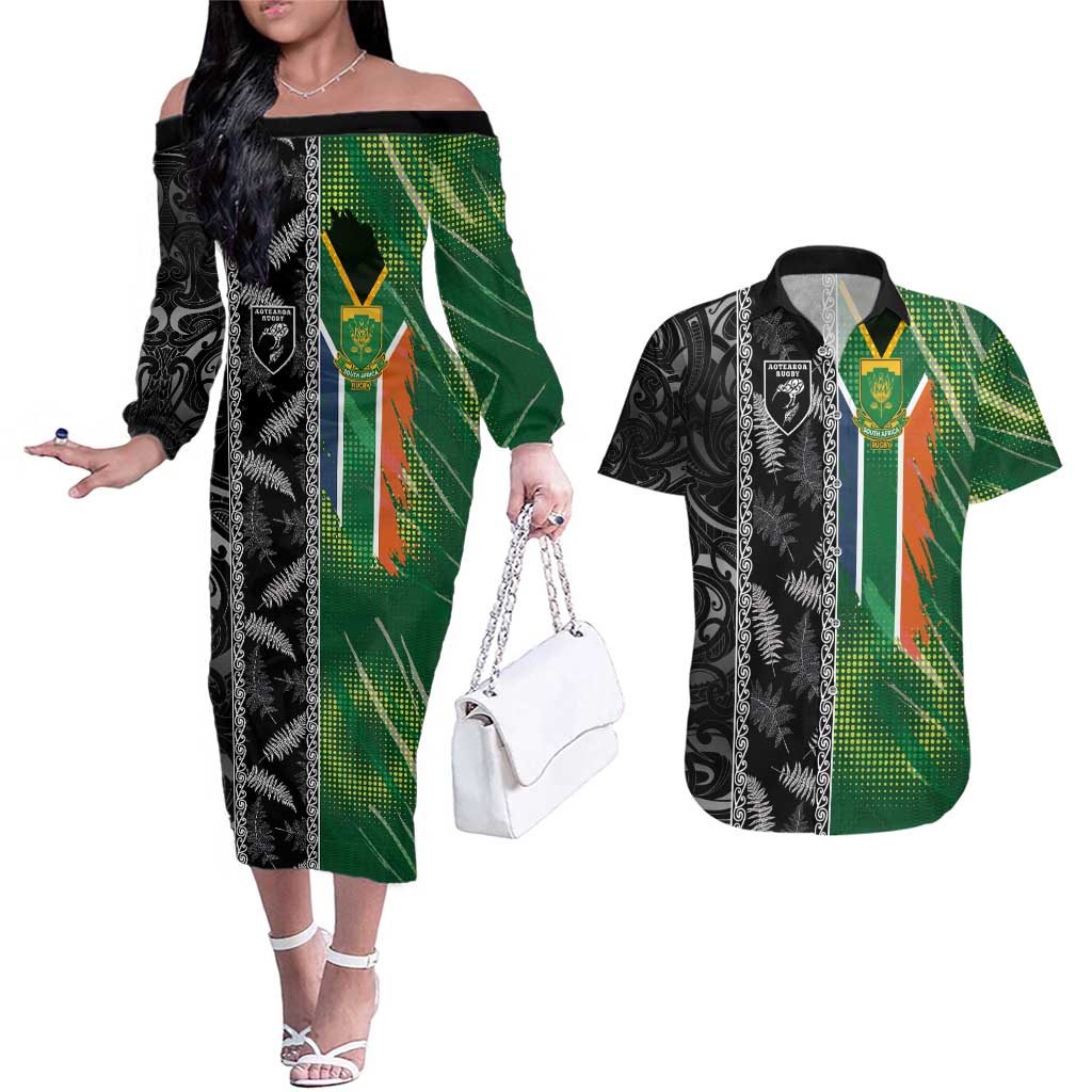 Custom Aotearoa South Africa Rugby Freedom Cup Couples Matching Off The Shoulder Long Sleeve Dress and Hawaiian Shirt Maori Silver Fern Art and Sporty Flag SA - Wonder Print Shop
