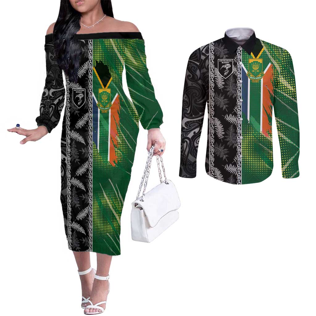Custom Aotearoa South Africa Rugby Freedom Cup Couples Matching Off The Shoulder Long Sleeve Dress and Long Sleeve Button Shirt Maori Silver Fern Art and Sporty Flag SA - Wonder Print Shop