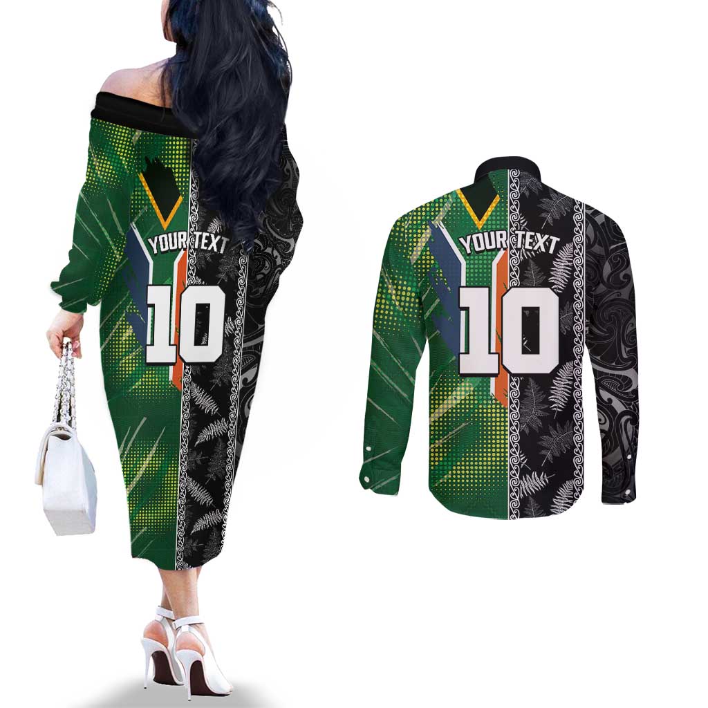 Custom Aotearoa South Africa Rugby Freedom Cup Couples Matching Off The Shoulder Long Sleeve Dress and Long Sleeve Button Shirt Maori Silver Fern Art and Sporty Flag SA - Wonder Print Shop