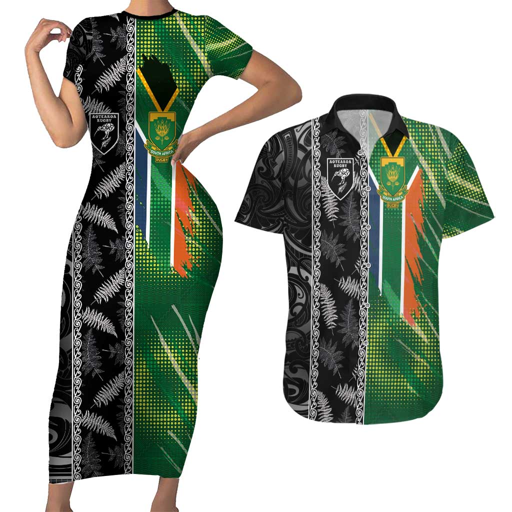 Custom Aotearoa South Africa Rugby Freedom Cup Couples Matching Short Sleeve Bodycon Dress and Hawaiian Shirt Maori Silver Fern Art and Sporty Flag SA - Wonder Print Shop