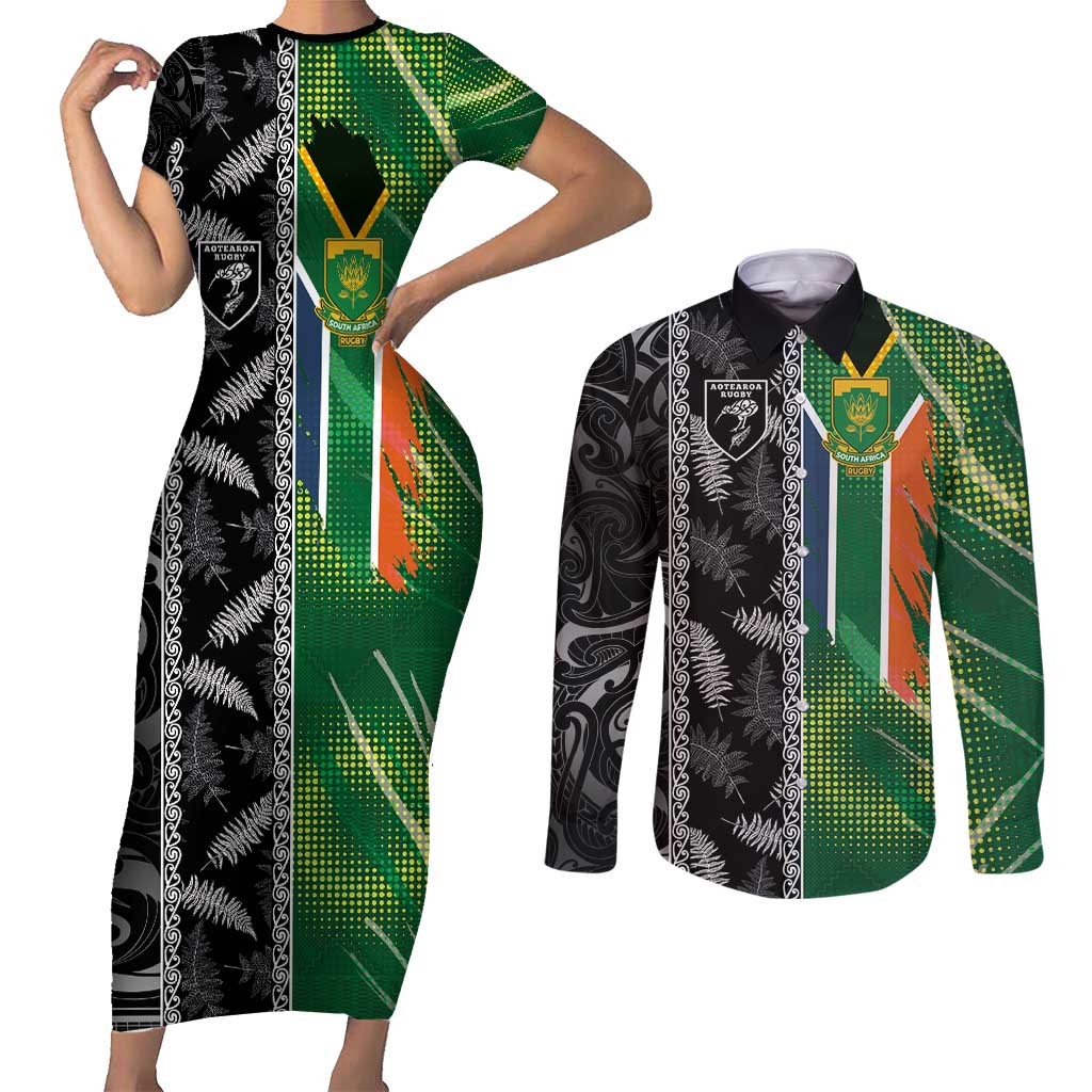 Custom Aotearoa South Africa Rugby Freedom Cup Couples Matching Short Sleeve Bodycon Dress and Long Sleeve Button Shirt Maori Silver Fern Art and Sporty Flag SA - Wonder Print Shop