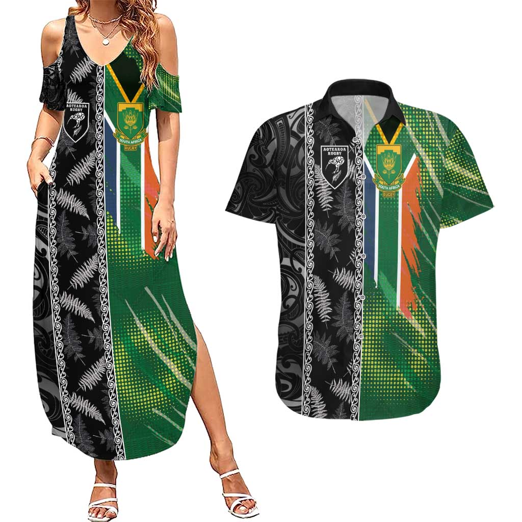 Custom Aotearoa South Africa Rugby Freedom Cup Couples Matching Summer Maxi Dress and Hawaiian Shirt Maori Silver Fern Art and Sporty Flag SA - Wonder Print Shop