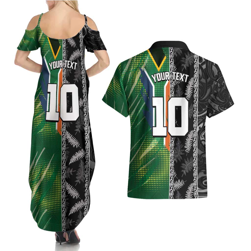 Custom Aotearoa South Africa Rugby Freedom Cup Couples Matching Summer Maxi Dress and Hawaiian Shirt Maori Silver Fern Art and Sporty Flag SA - Wonder Print Shop