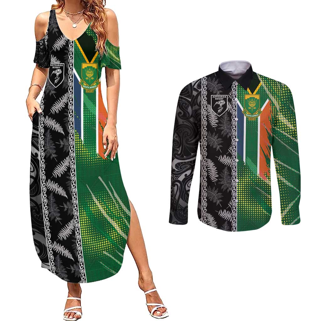 Custom Aotearoa South Africa Rugby Freedom Cup Couples Matching Summer Maxi Dress and Long Sleeve Button Shirt Maori Silver Fern Art and Sporty Flag SA - Wonder Print Shop