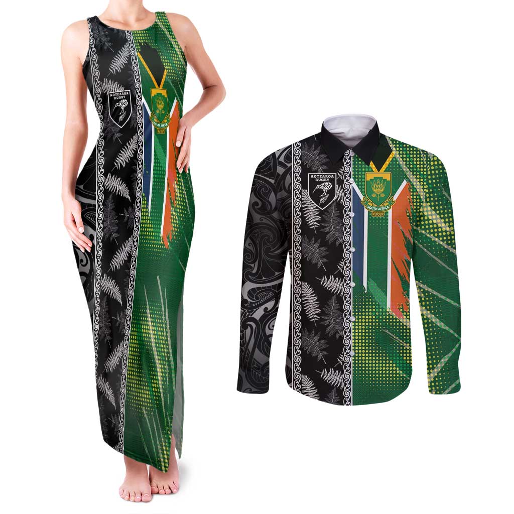 Custom Aotearoa South Africa Rugby Freedom Cup Couples Matching Tank Maxi Dress and Long Sleeve Button Shirt Maori Silver Fern Art and Sporty Flag SA - Wonder Print Shop