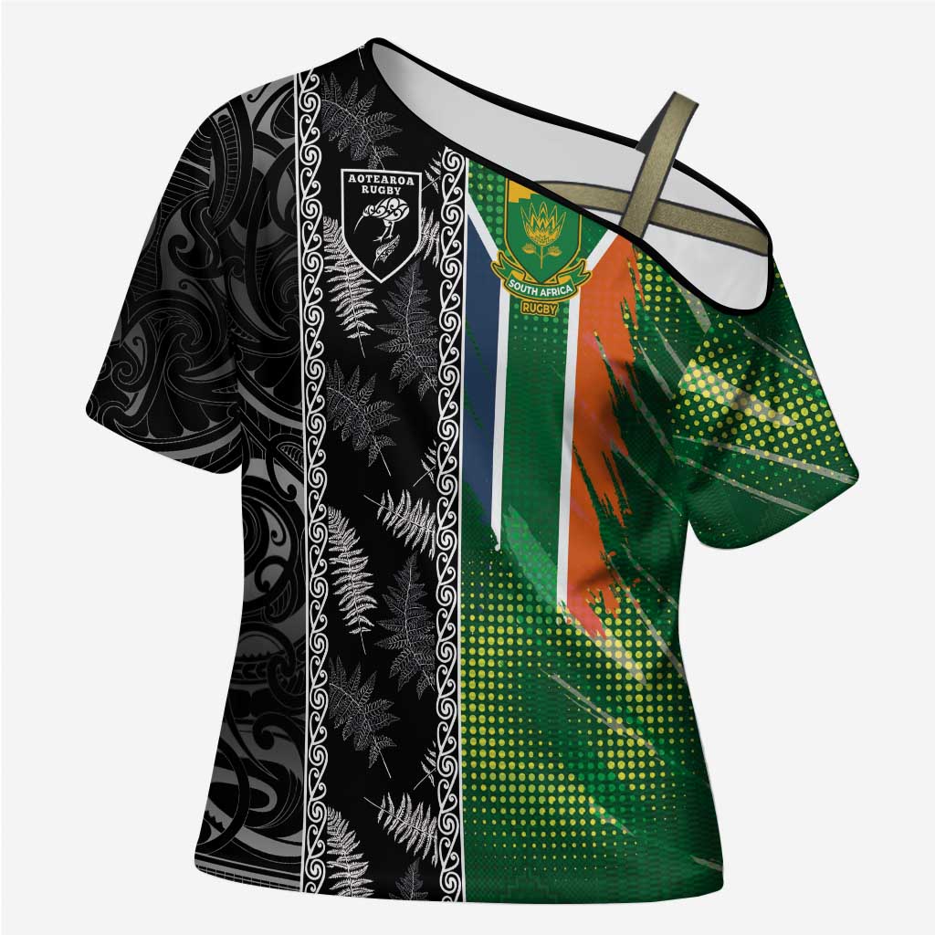 Custom Aotearoa South Africa Rugby Freedom Cup Cross Shoulder Shirt Maori Silver Fern Art and Sporty Flag SA - Wonder Print Shop