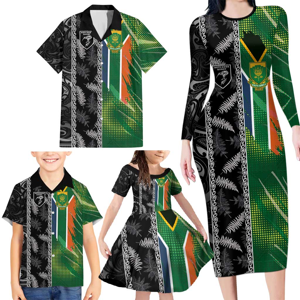 Custom Aotearoa South Africa Rugby Freedom Cup Family Matching Long Sleeve Bodycon Dress and Hawaiian Shirt Maori Silver Fern Art and Sporty Flag SA - Wonder Print Shop