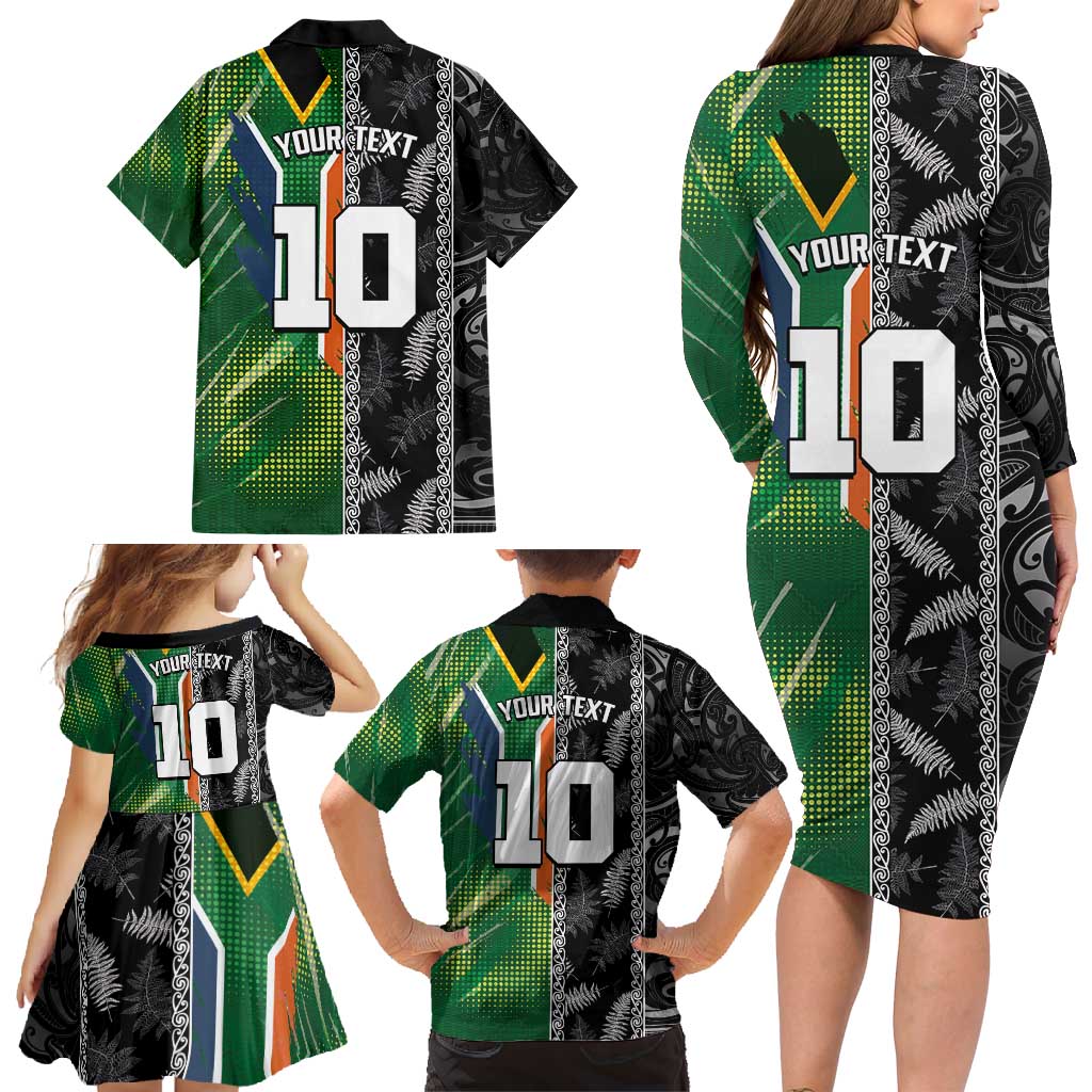 Custom Aotearoa South Africa Rugby Freedom Cup Family Matching Long Sleeve Bodycon Dress and Hawaiian Shirt Maori Silver Fern Art and Sporty Flag SA - Wonder Print Shop