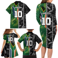 Custom Aotearoa South Africa Rugby Freedom Cup Family Matching Long Sleeve Bodycon Dress and Hawaiian Shirt Maori Silver Fern Art and Sporty Flag SA - Wonder Print Shop