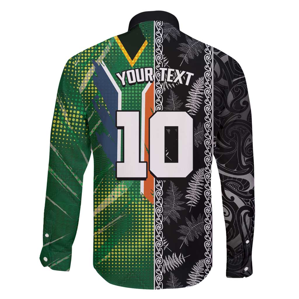 Custom Aotearoa South Africa Rugby Freedom Cup Family Matching Long Sleeve Bodycon Dress and Hawaiian Shirt Maori Silver Fern Art and Sporty Flag SA - Wonder Print Shop