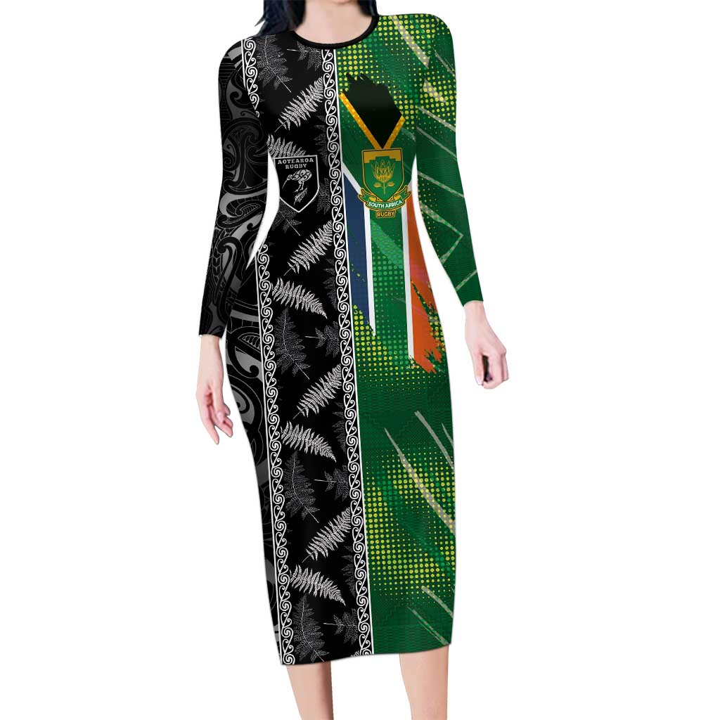Custom Aotearoa South Africa Rugby Freedom Cup Family Matching Long Sleeve Bodycon Dress and Hawaiian Shirt Maori Silver Fern Art and Sporty Flag SA - Wonder Print Shop