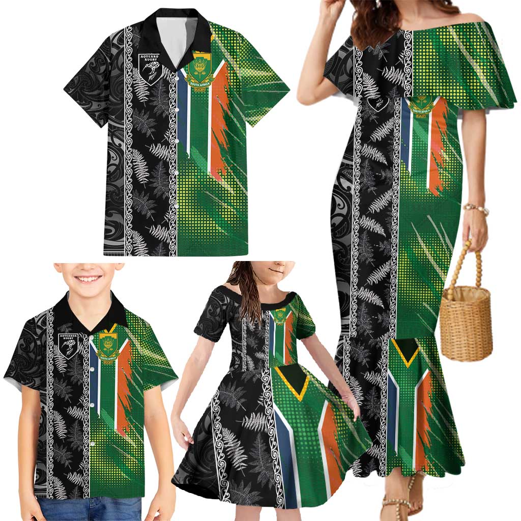 Custom Aotearoa South Africa Rugby Freedom Cup Family Matching Mermaid Dress and Hawaiian Shirt Maori Silver Fern Art and Sporty Flag SA - Wonder Print Shop